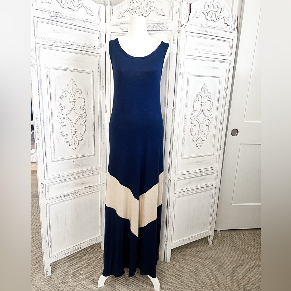 Chris & Carol Navy and Cream Maxi Dress